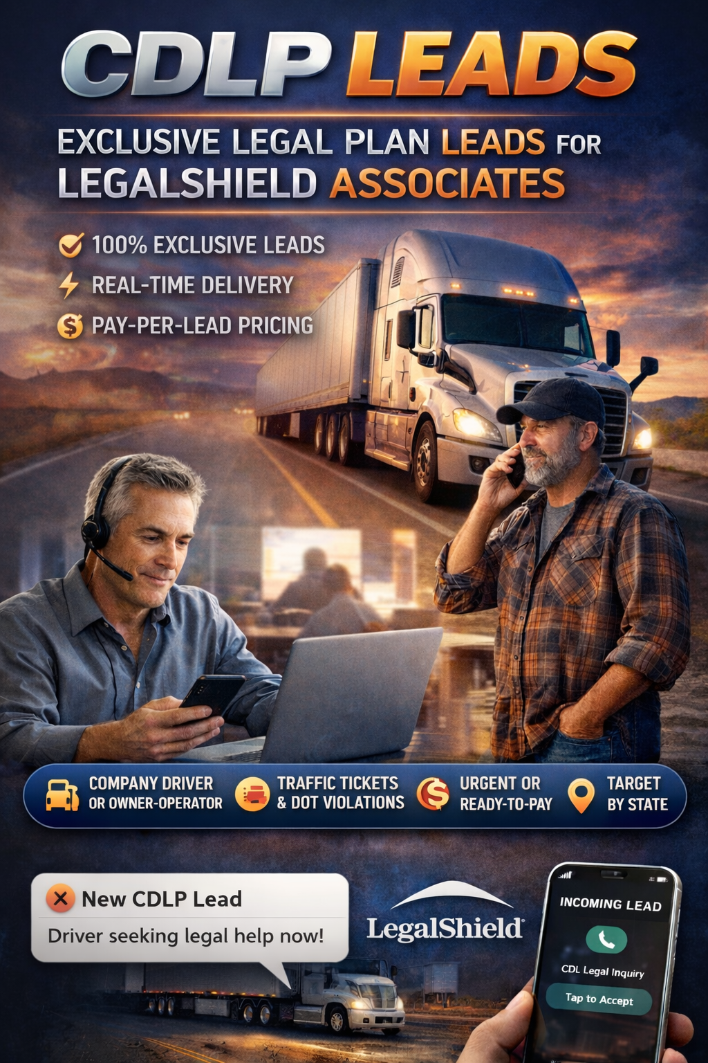 Get exclusive, real-time CDLP leads for LegalShield associates. Target commercial drivers by state, urgency, and legal issue with pay-per-lead pricing.