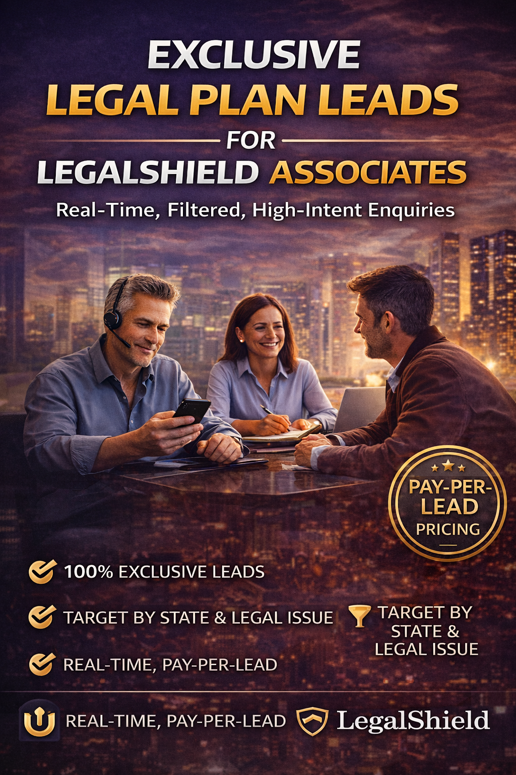 Exclusive legal plan leads for LegalShield associates with real-time, pay-per-lead delivery and state-based targeting.